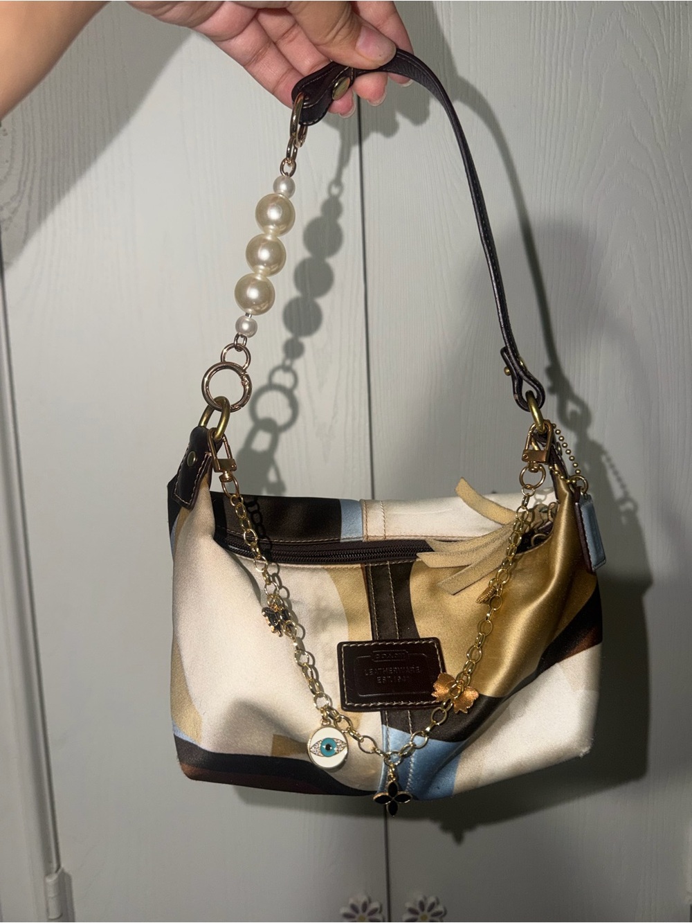 Coach Satin Multicolor Shoulder Bag with Pearl Accent